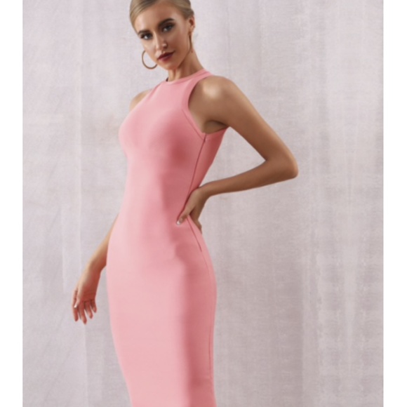 NEW! PINK PEACH CORAL HIGH NECK BANDAGE DRESS - Picture 3 of 14